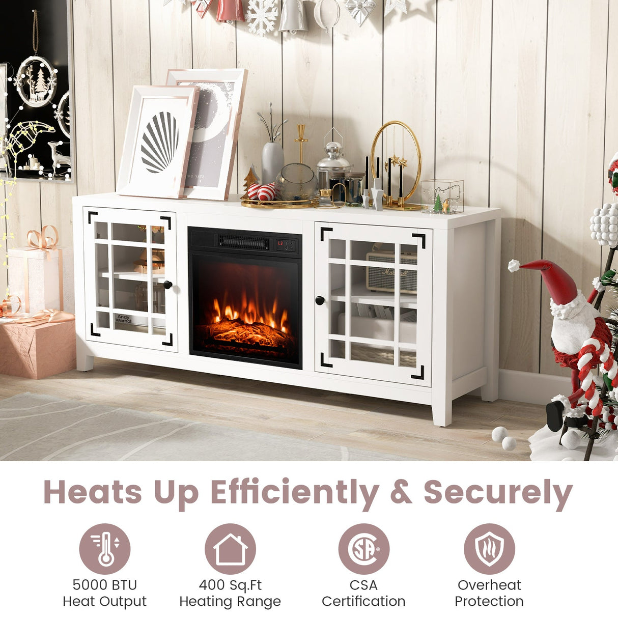 Mueble para TV con chimenea de 58 pulgadas con estantes ajustables para televisores de hasta 65 pulgadas - Blanco