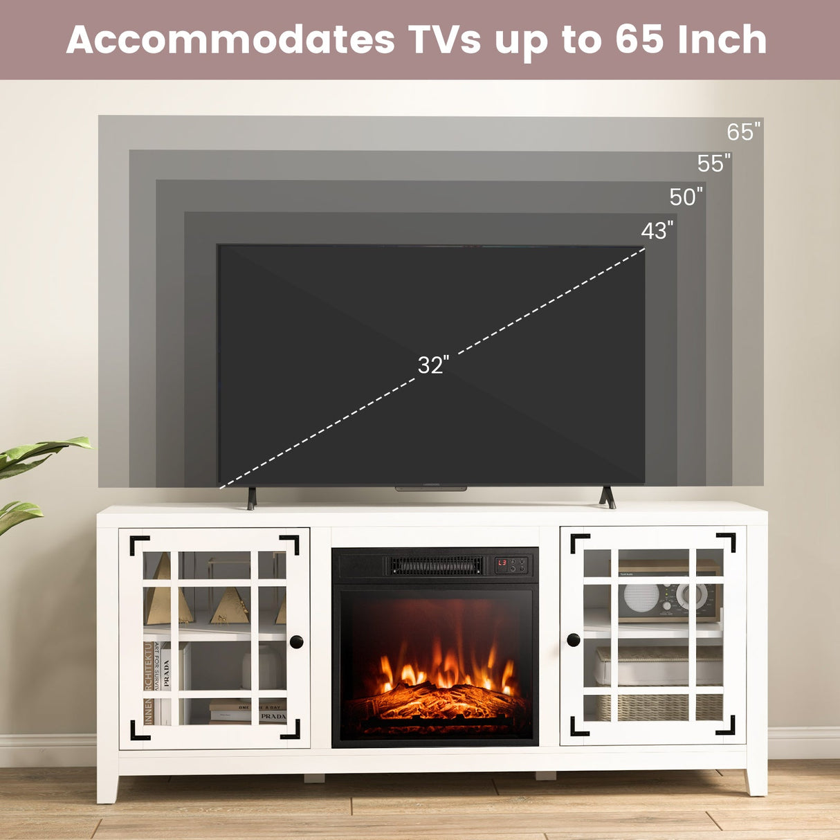 Mueble para TV con chimenea de 58 pulgadas con estantes ajustables para televisores de hasta 65 pulgadas - Blanco
