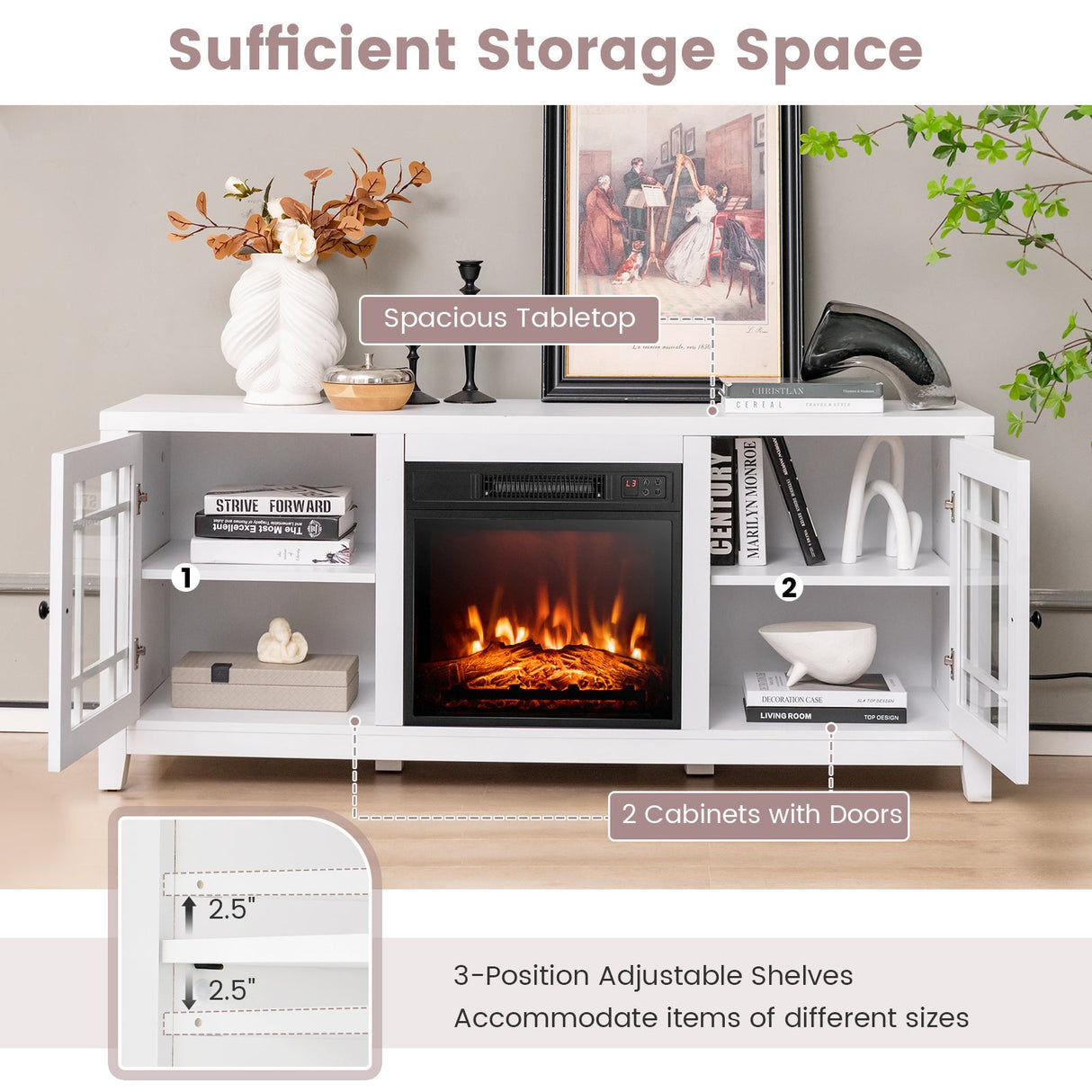 Mueble para TV con chimenea de 58 pulgadas con estantes ajustables para televisores de hasta 65 pulgadas - Blanco