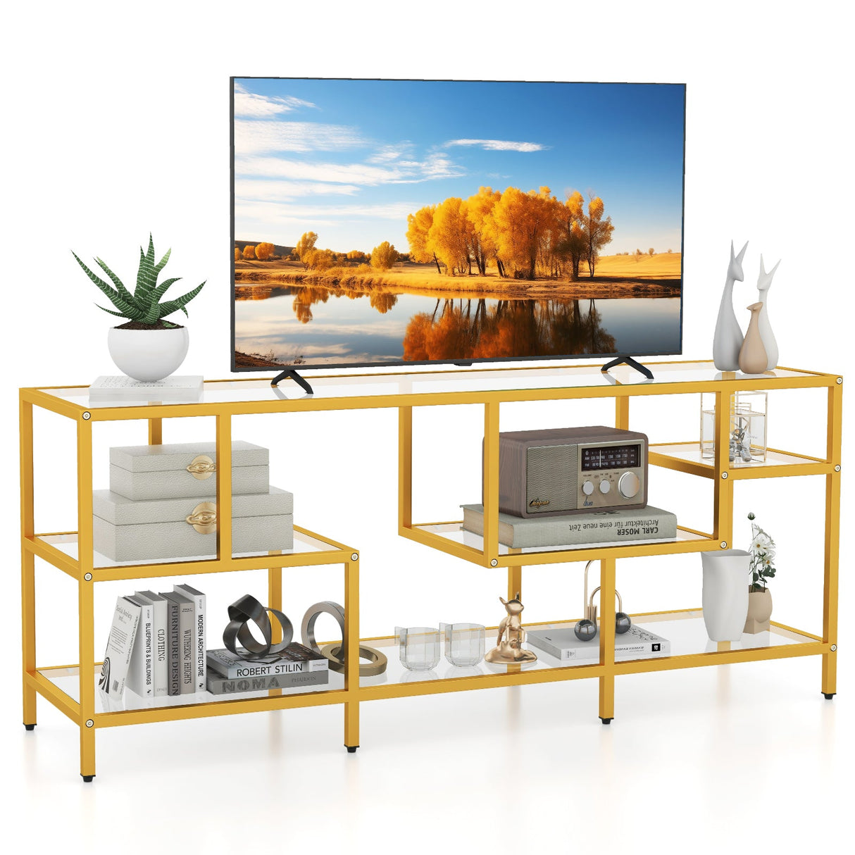 Mesa consola de TV de 58 pulgadas con estantes de vidrio templado para sala de estar - Dorada