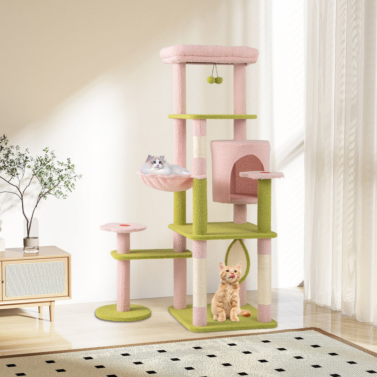 Rascador para Gatos de Múltiples Niveles y 58 Pulgadas de Alto con Diseño Floral Estético - Rosa