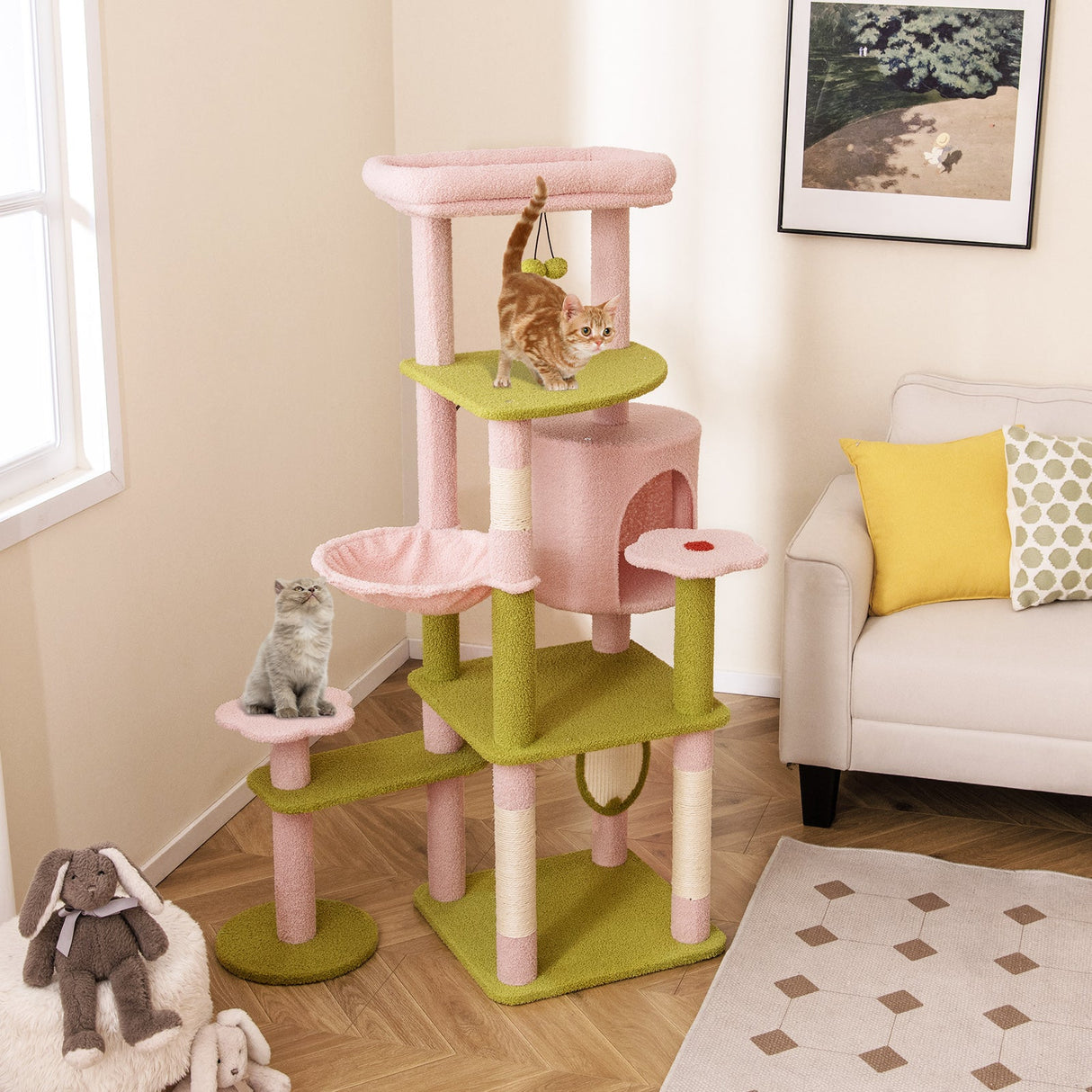 Rascador para Gatos de Múltiples Niveles y 58 Pulgadas de Alto con Diseño Floral Estético - Rosa