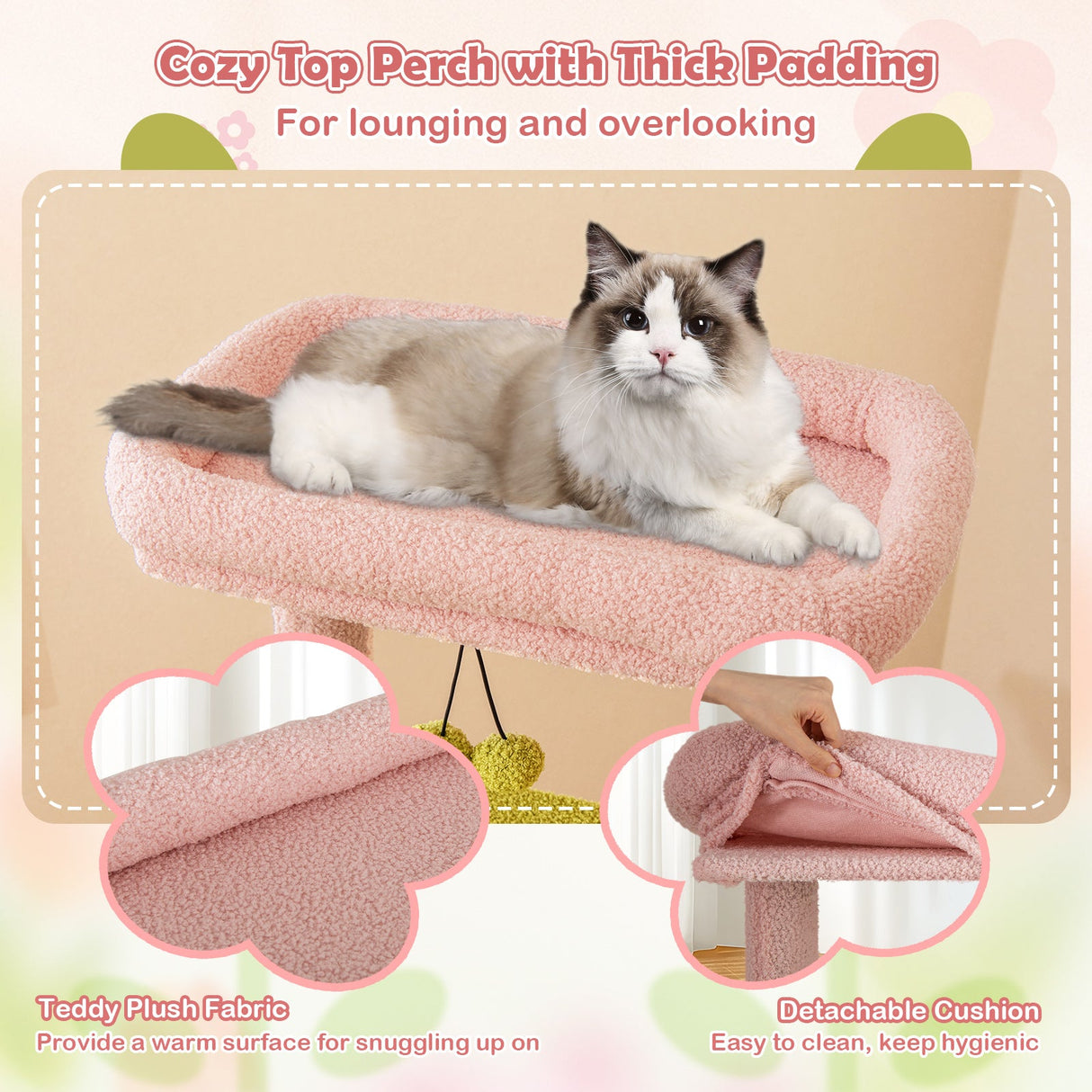 Rascador para Gatos de Múltiples Niveles y 58 Pulgadas de Alto con Diseño Floral Estético - Rosa