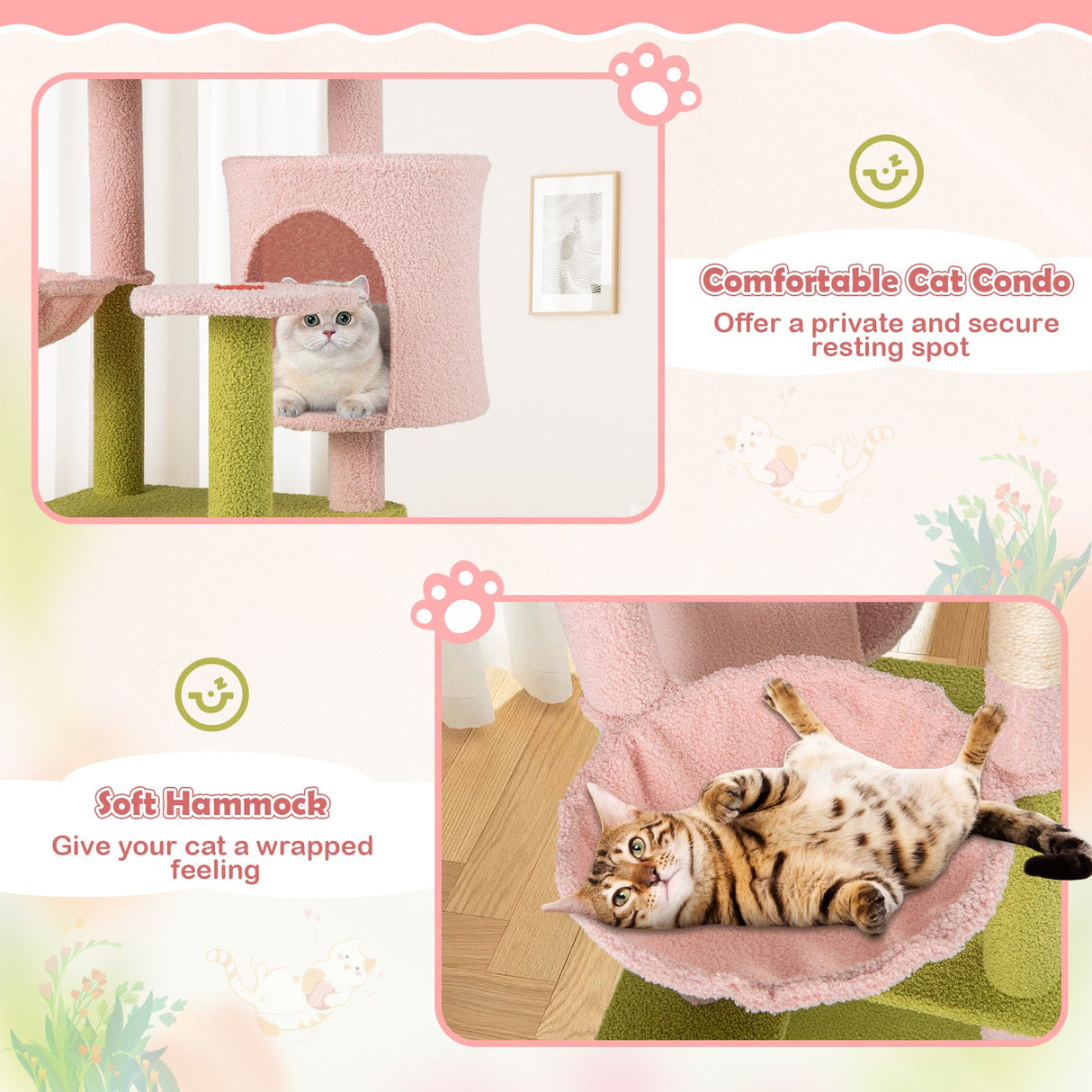 Rascador para Gatos de Múltiples Niveles y 58 Pulgadas de Alto con Diseño Floral Estético - Rosa