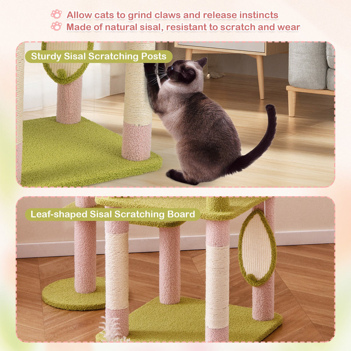 Rascador para Gatos de Múltiples Niveles y 58 Pulgadas de Alto con Diseño Floral Estético - Rosa
