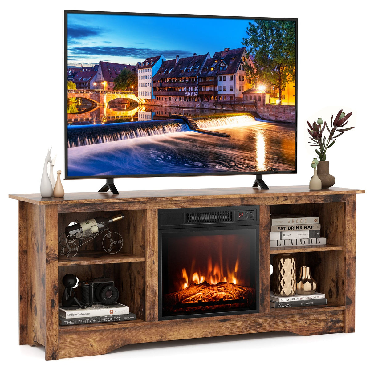 Soporte de TV de 58 pulgadas para televisores de pantalla plana de hasta 65 pulgadas con chimenea eléctrica de 18 pulgadas