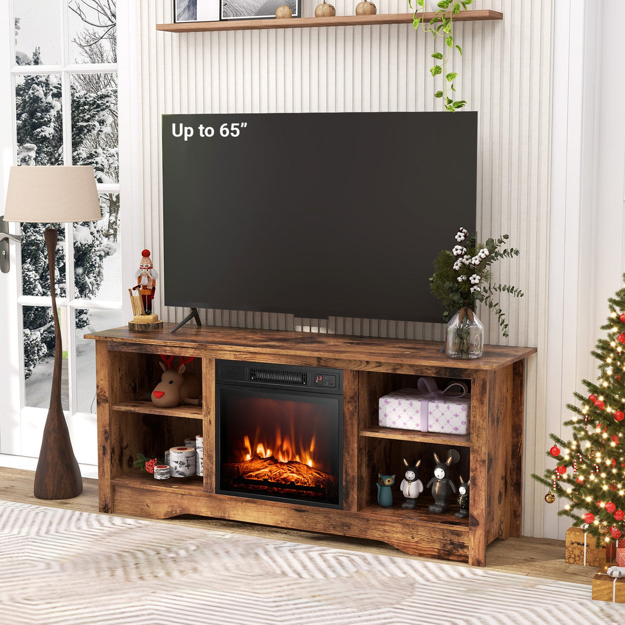 Soporte de TV de 58 pulgadas para televisores de pantalla plana de hasta 65 pulgadas con chimenea eléctrica de 18 pulgadas