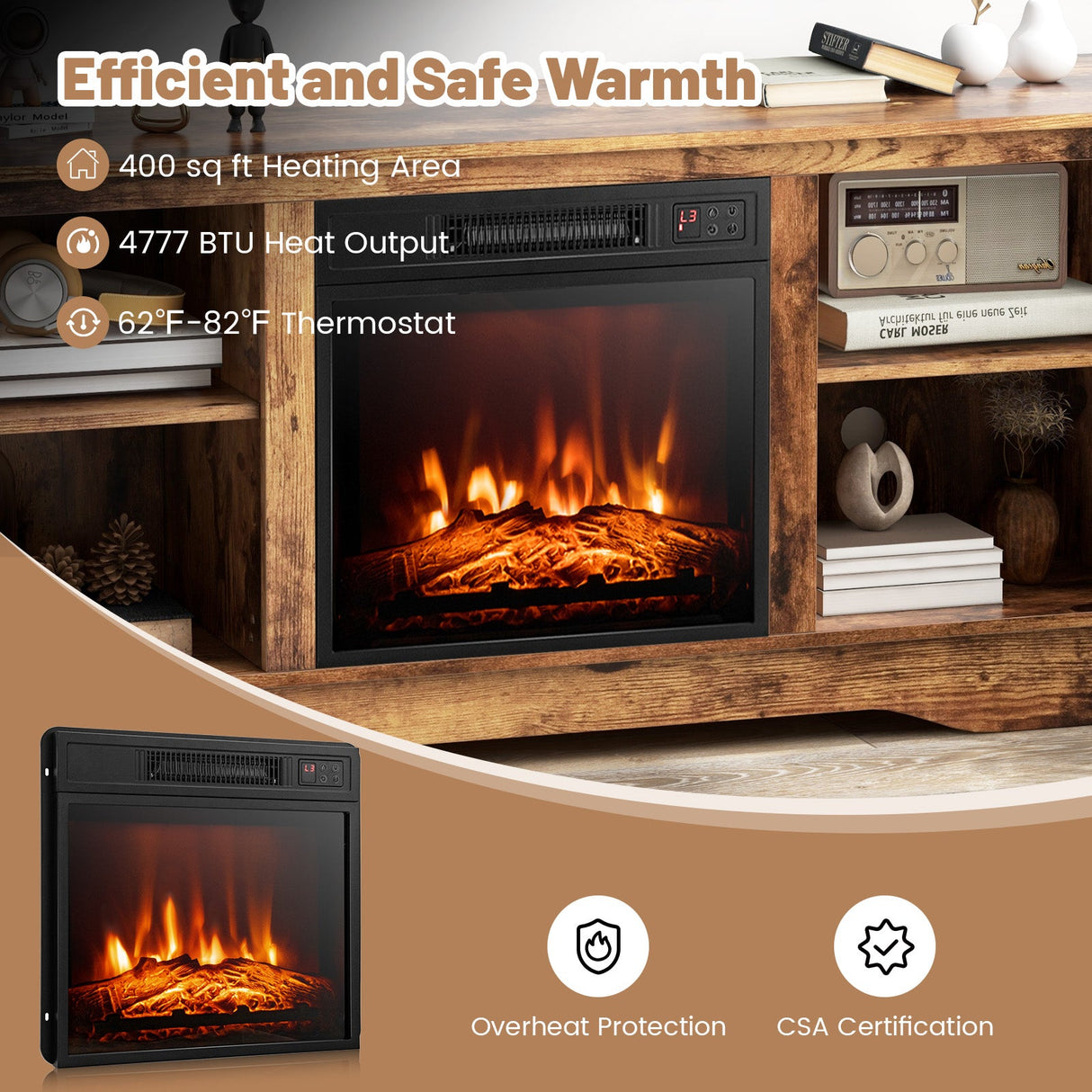 Soporte de TV de 58 pulgadas para televisores de pantalla plana de hasta 65 pulgadas con chimenea eléctrica de 18 pulgadas