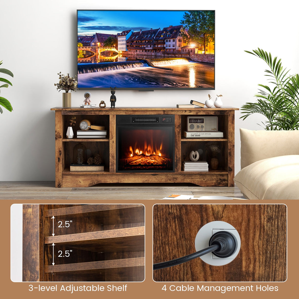 Soporte de TV de 58 pulgadas para televisores de pantalla plana de hasta 65 pulgadas con chimenea eléctrica de 18 pulgadas