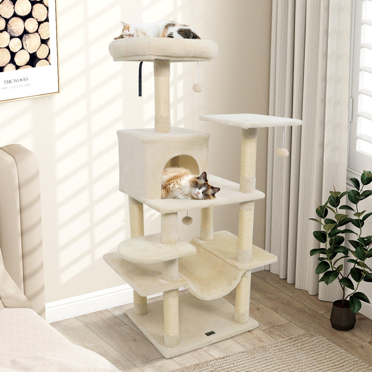 Torre para Gatos de 58 pulgadas, Multinivel, con Felpa Suave y Percha Superior Acolchada