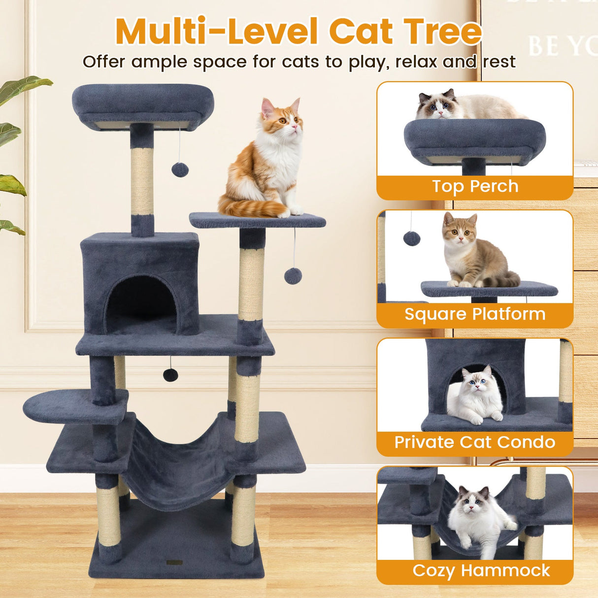 Torre para Gatos de 58 pulgadas, Multinivel, con Felpa Suave y Percha Superior Acolchada
