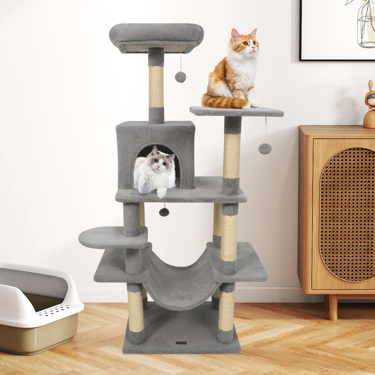 Torre para Gatos de 58 pulgadas, Multinivel, con Felpa Suave y Percha Superior Acolchada