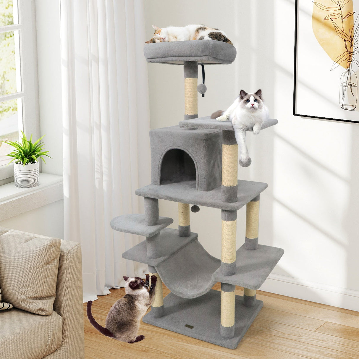 Torre para Gatos de 58 pulgadas, Multinivel, con Felpa Suave y Percha Superior Acolchada