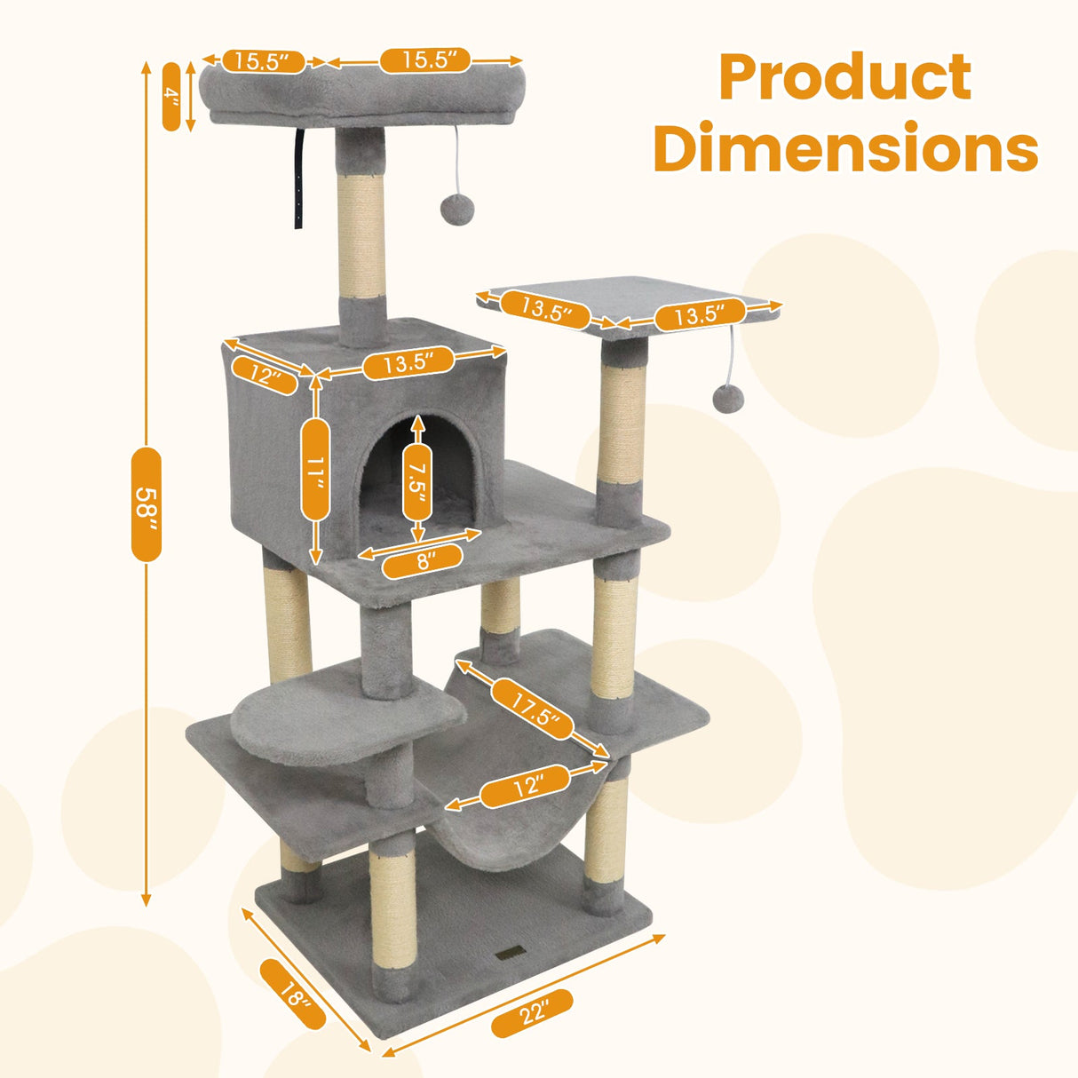 Torre para Gatos de 58 pulgadas, Multinivel, con Felpa Suave y Percha Superior Acolchada