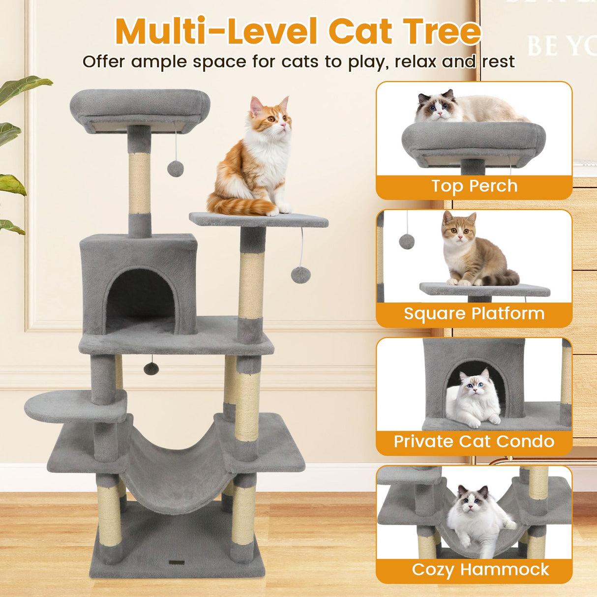 Torre para Gatos de 58 pulgadas, Multinivel, con Felpa Suave y Percha Superior Acolchada