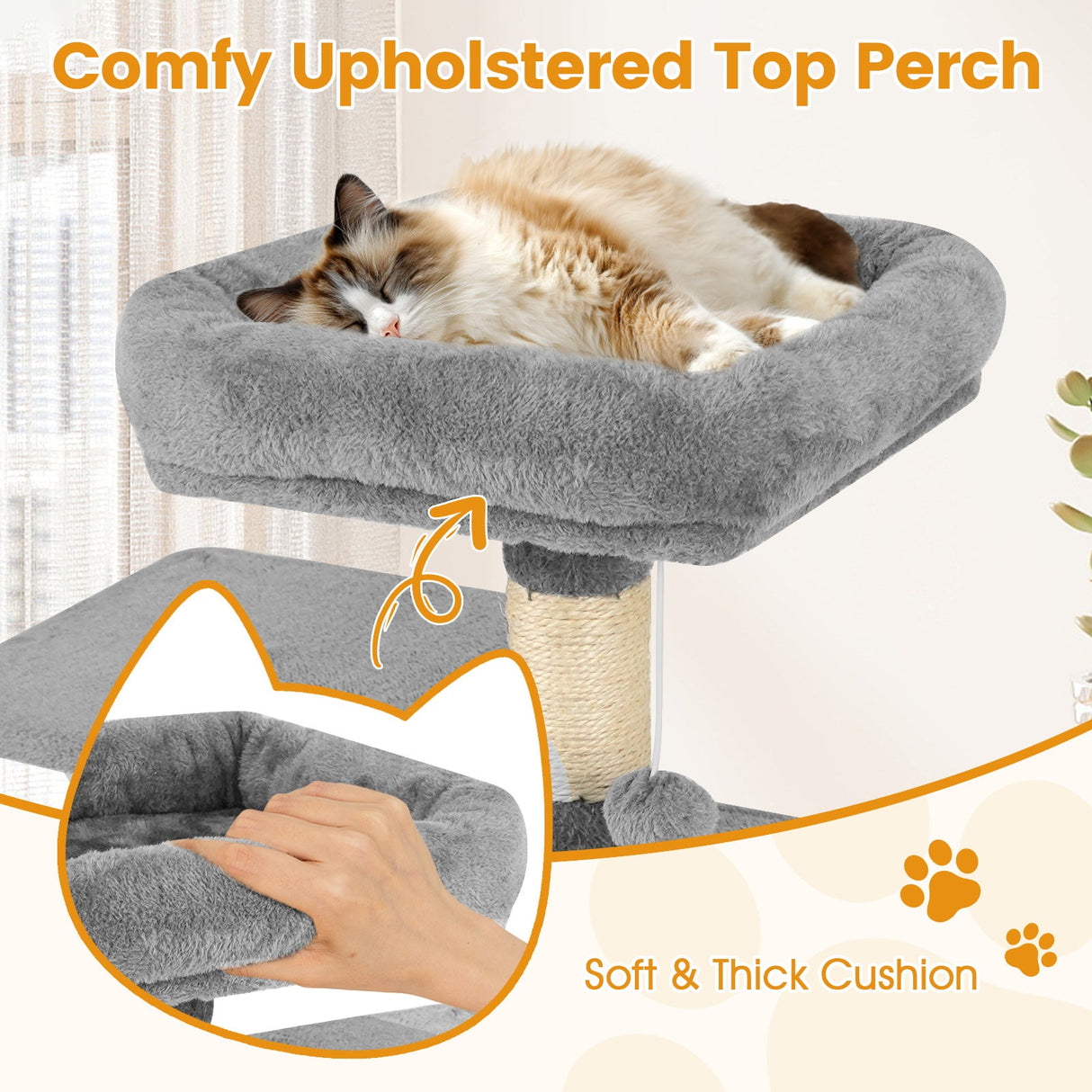 Torre para Gatos de 58 pulgadas, Multinivel, con Felpa Suave y Percha Superior Acolchada