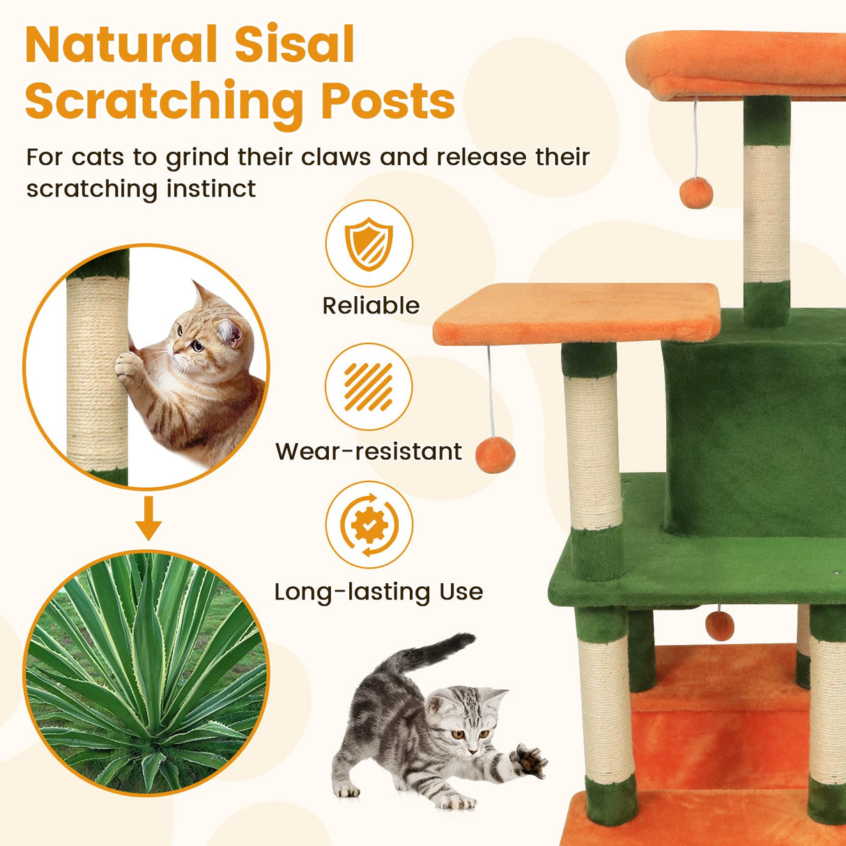 Torre para Gatos de 58 pulgadas, Multinivel, con Felpa Suave y Percha Superior Acolchada