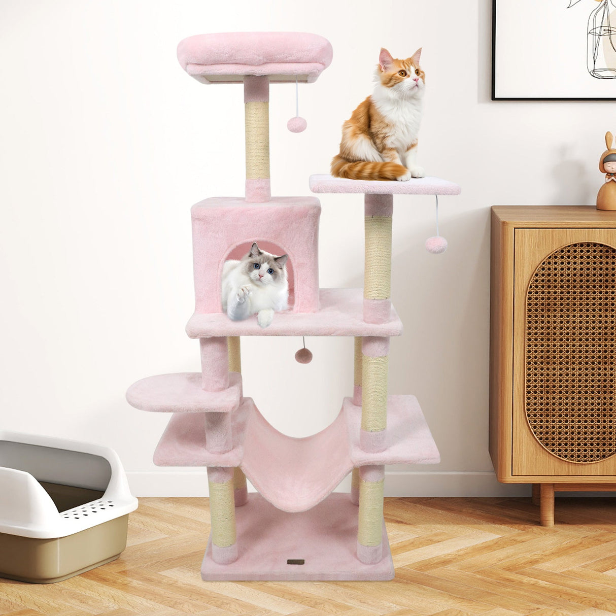 Torre para Gatos de 58 pulgadas, Multinivel, con Felpa Suave y Percha Superior Acolchada