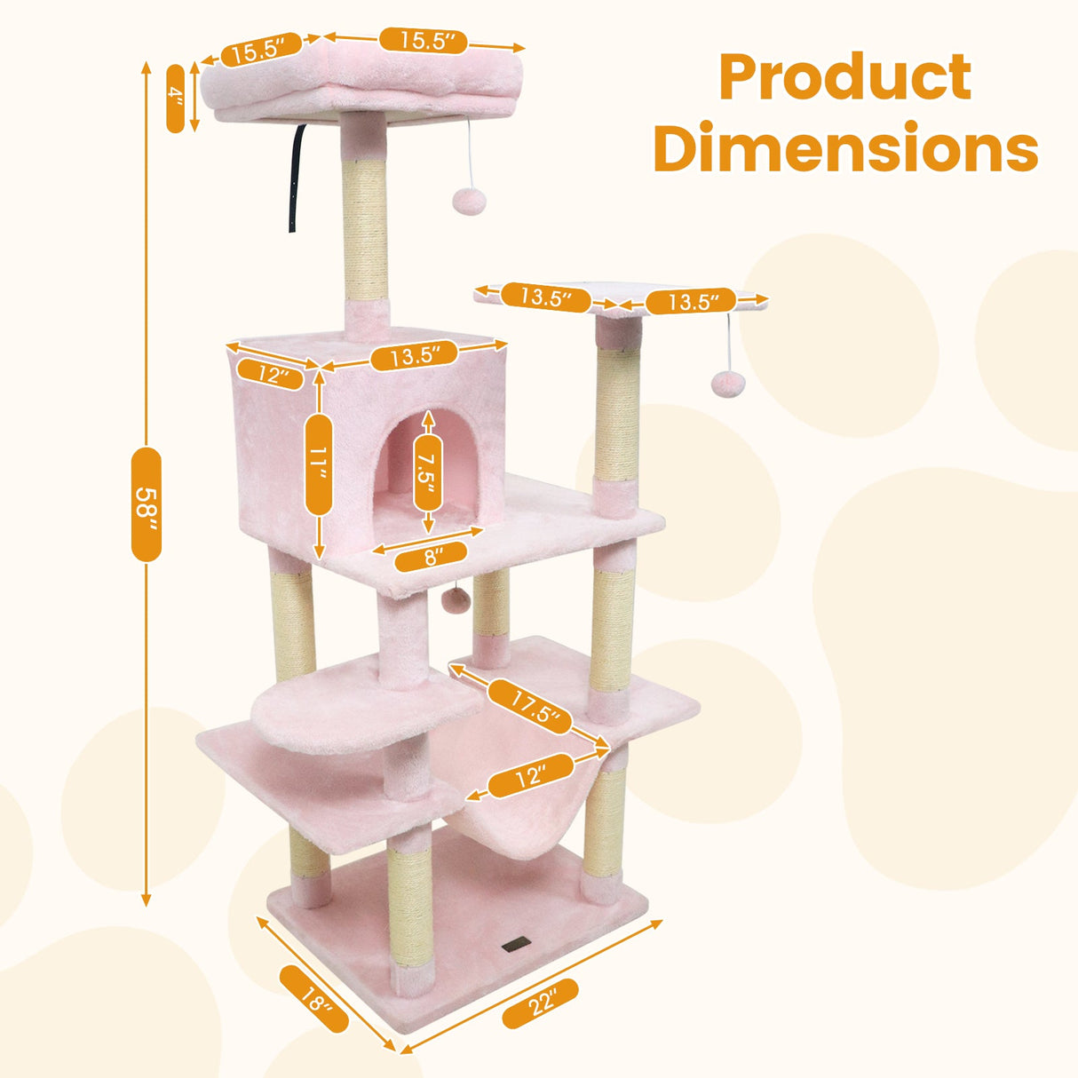 Torre para Gatos de 58 pulgadas, Multinivel, con Felpa Suave y Percha Superior Acolchada