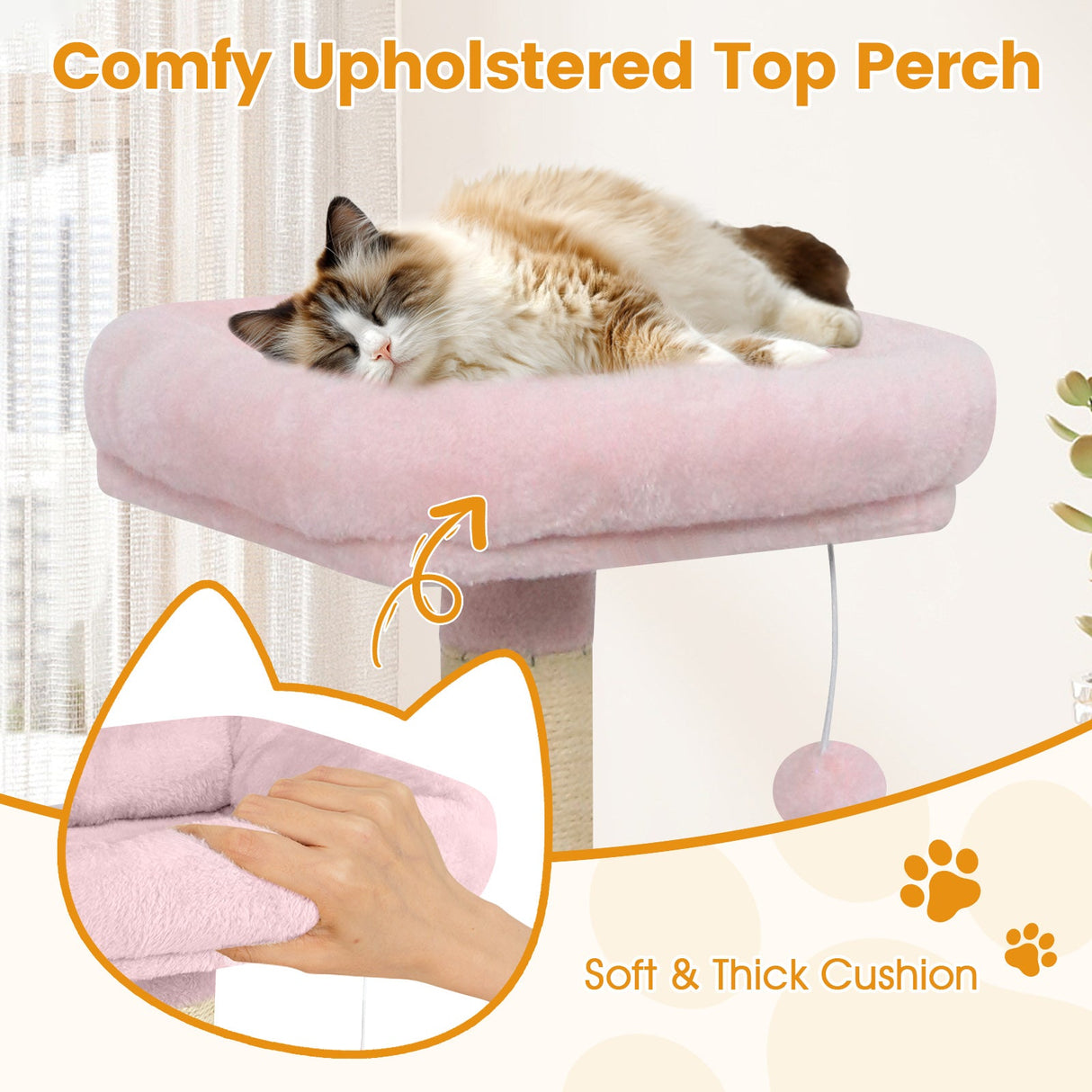 Torre para Gatos de 58 pulgadas, Multinivel, con Felpa Suave y Percha Superior Acolchada