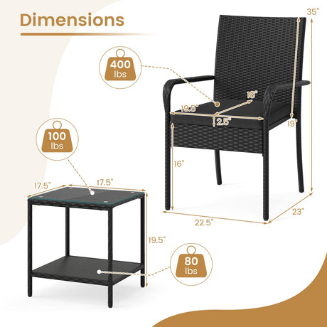 Juego de muebles de patio de 3 piezas con cojines de asiento y mesa con cubierta de vidrio templado