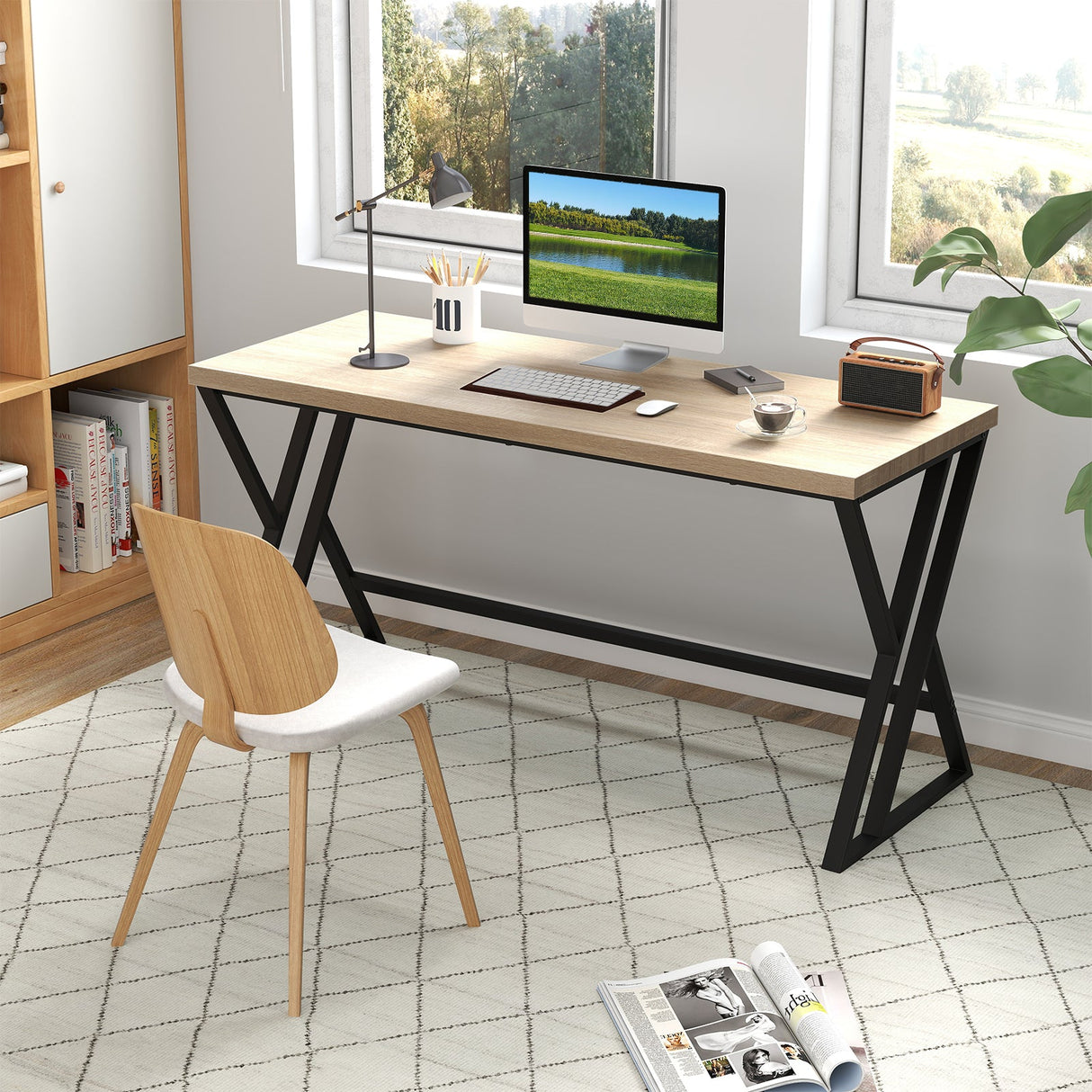 59 Inch Computer Desk with Heavy-duty Metal Frame and Crossbar-Gray
