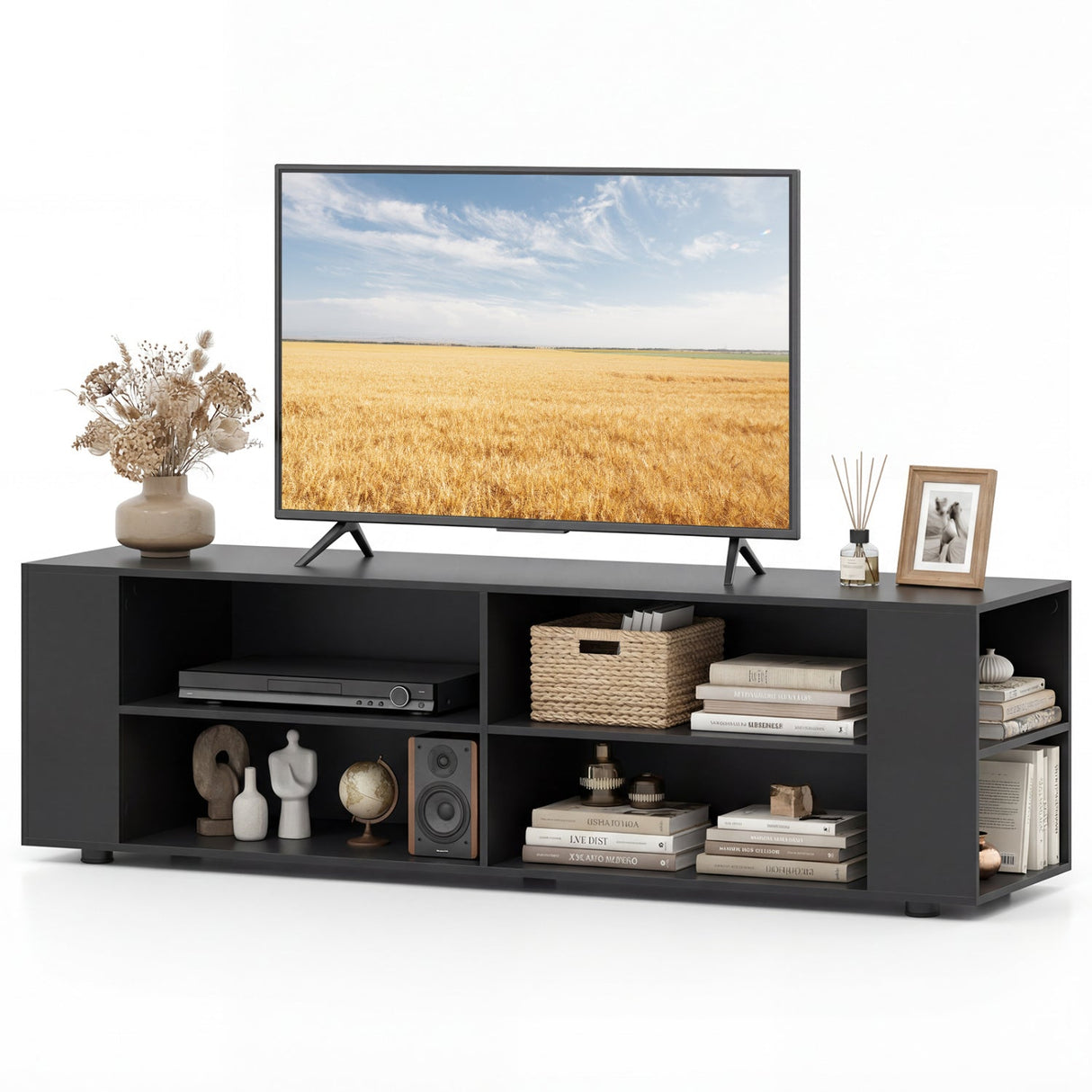 Mueble de TV de madera para almacenamiento de consolas y equipos multimedia de 59 pulgadas - Nogal