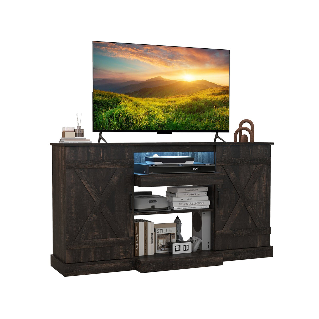 Mueble de TV de 58 pulgadas para televisores de hasta 65 pulgadas con luces LED de 20 colores - Café