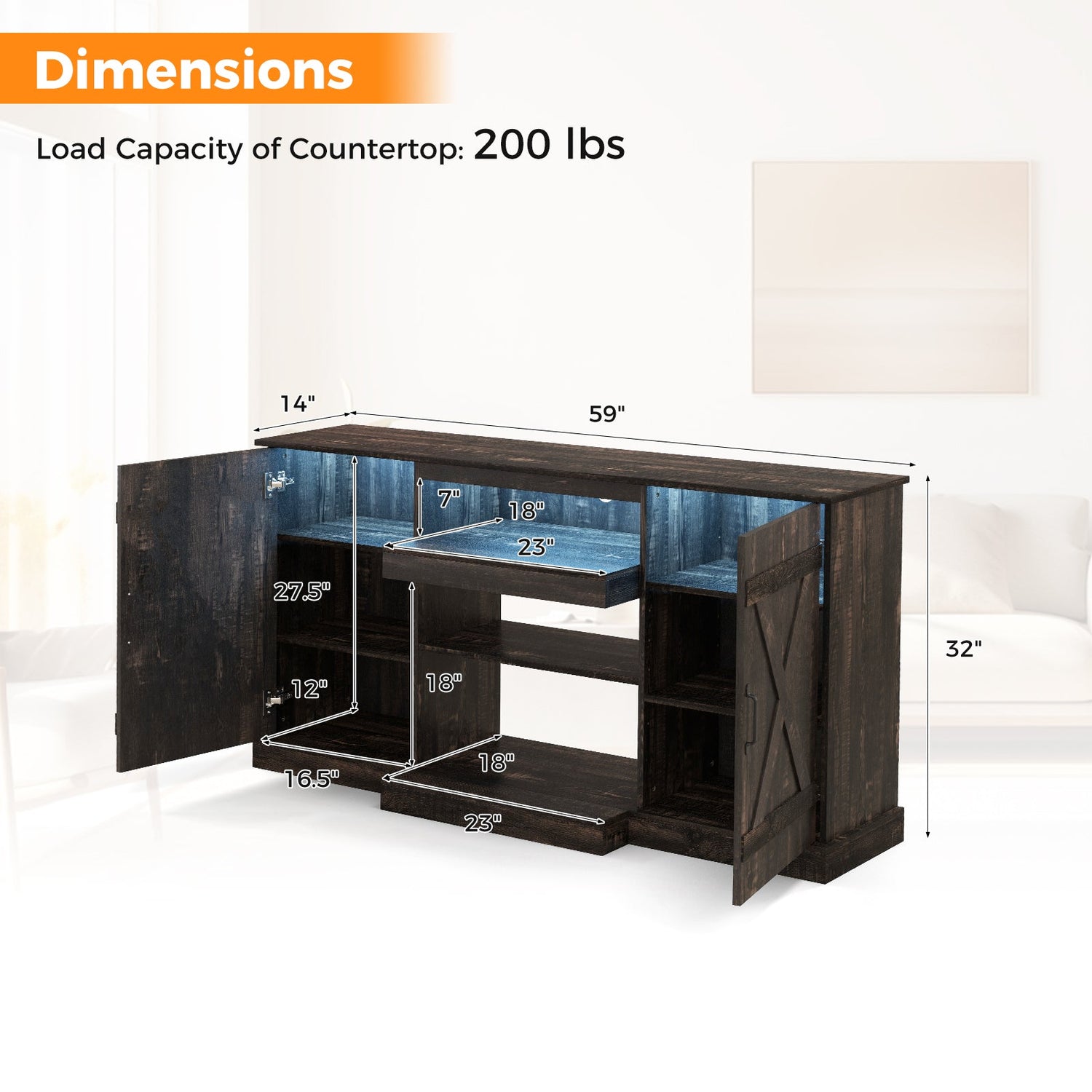 Mueble de TV de 58 pulgadas para televisores de hasta 65 pulgadas con luces LED de 20 colores - Café