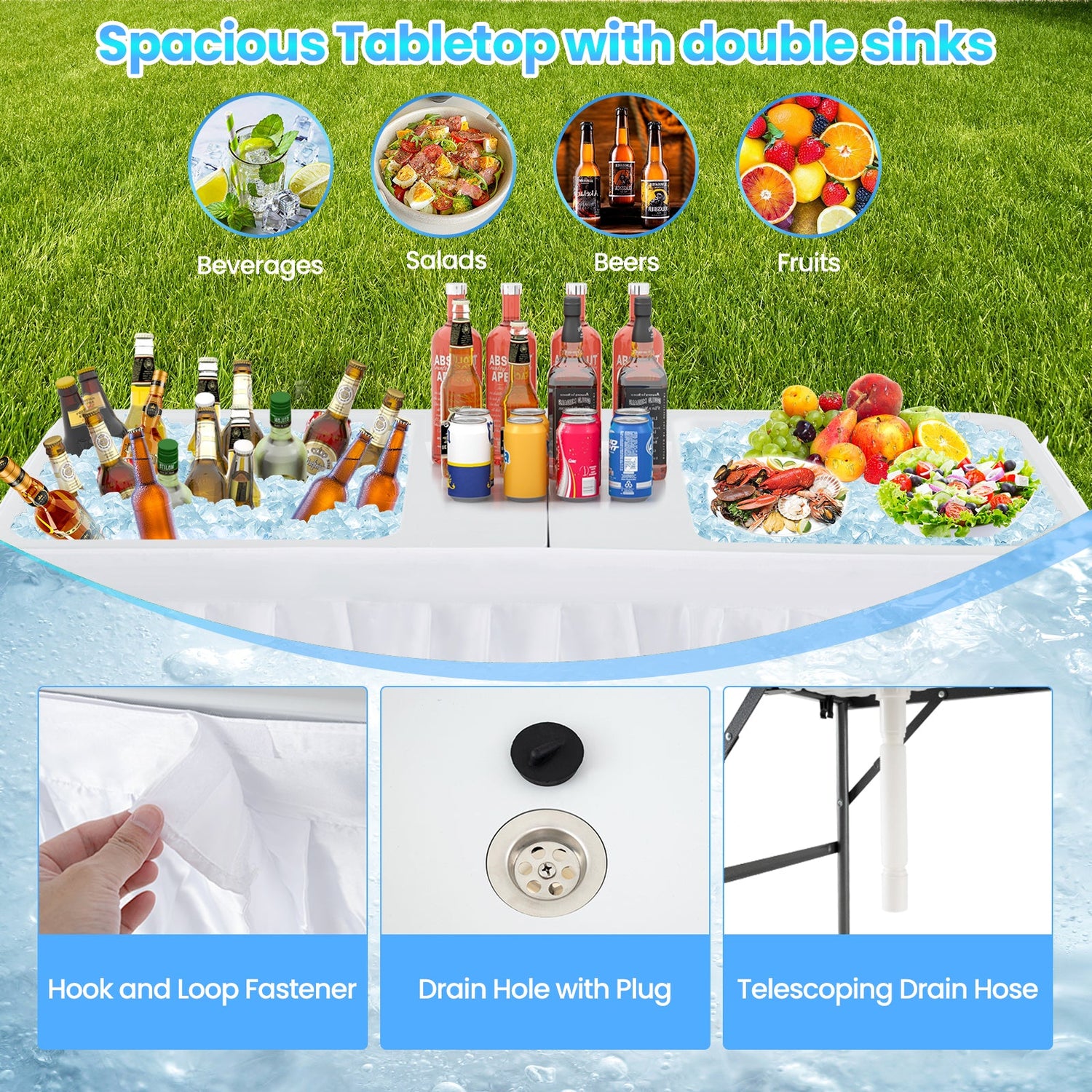 Mesa Plegable de 5 FT con Enfriador y Doble Fregadero para Fiestas, Picnics y Bodas-Blanco