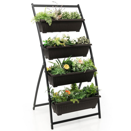 Jardinera vertical elevada de 4 niveles con 4 contenedores y orificios de drenaje