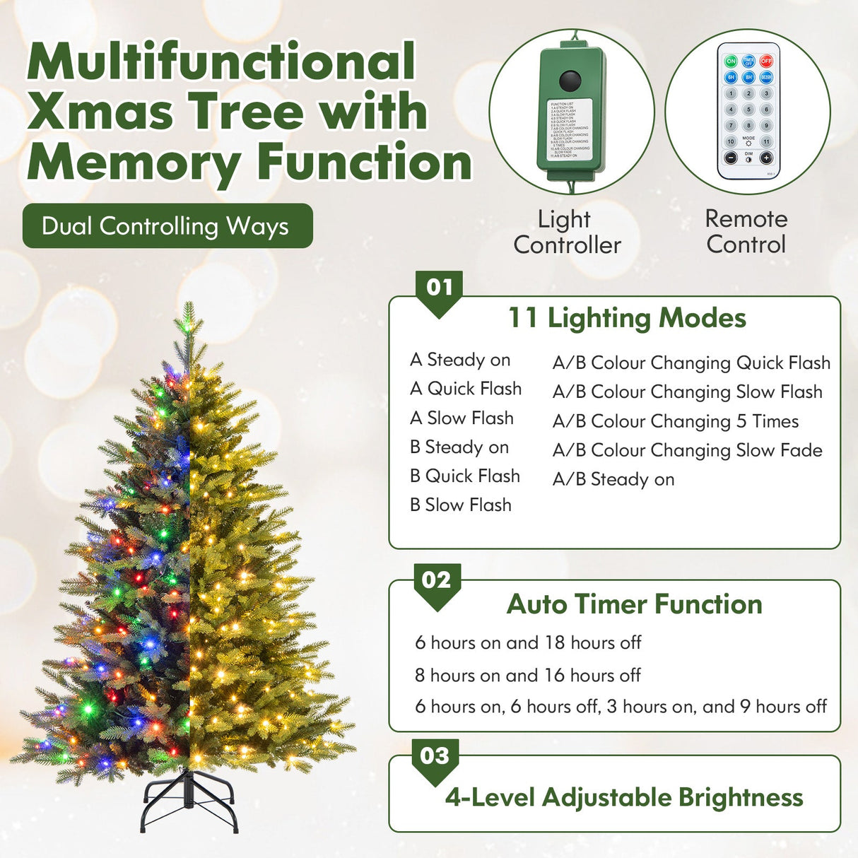 Árbol de Navidad Artificial de 1.5 m con Bisagras, 11 Modos de Iluminación y Control Remoto