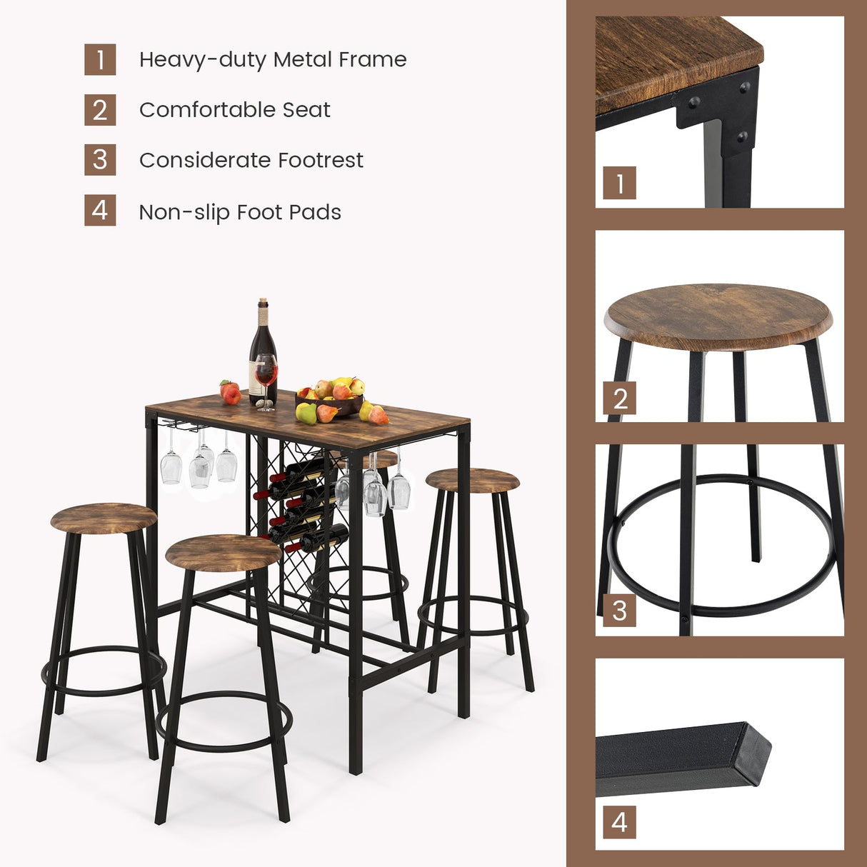 Juego de 5 piezas de mesa y taburetes de bar con botellero y copero, color marrón rústico