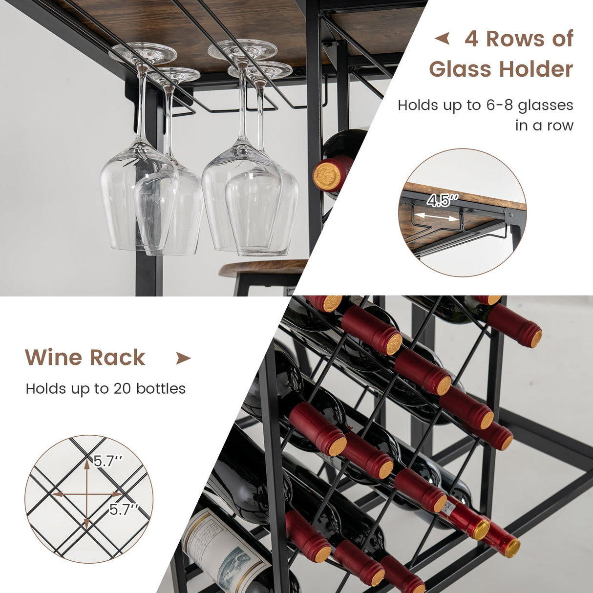 Juego de 5 piezas de mesa y taburetes de bar con botellero y copero, color marrón rústico