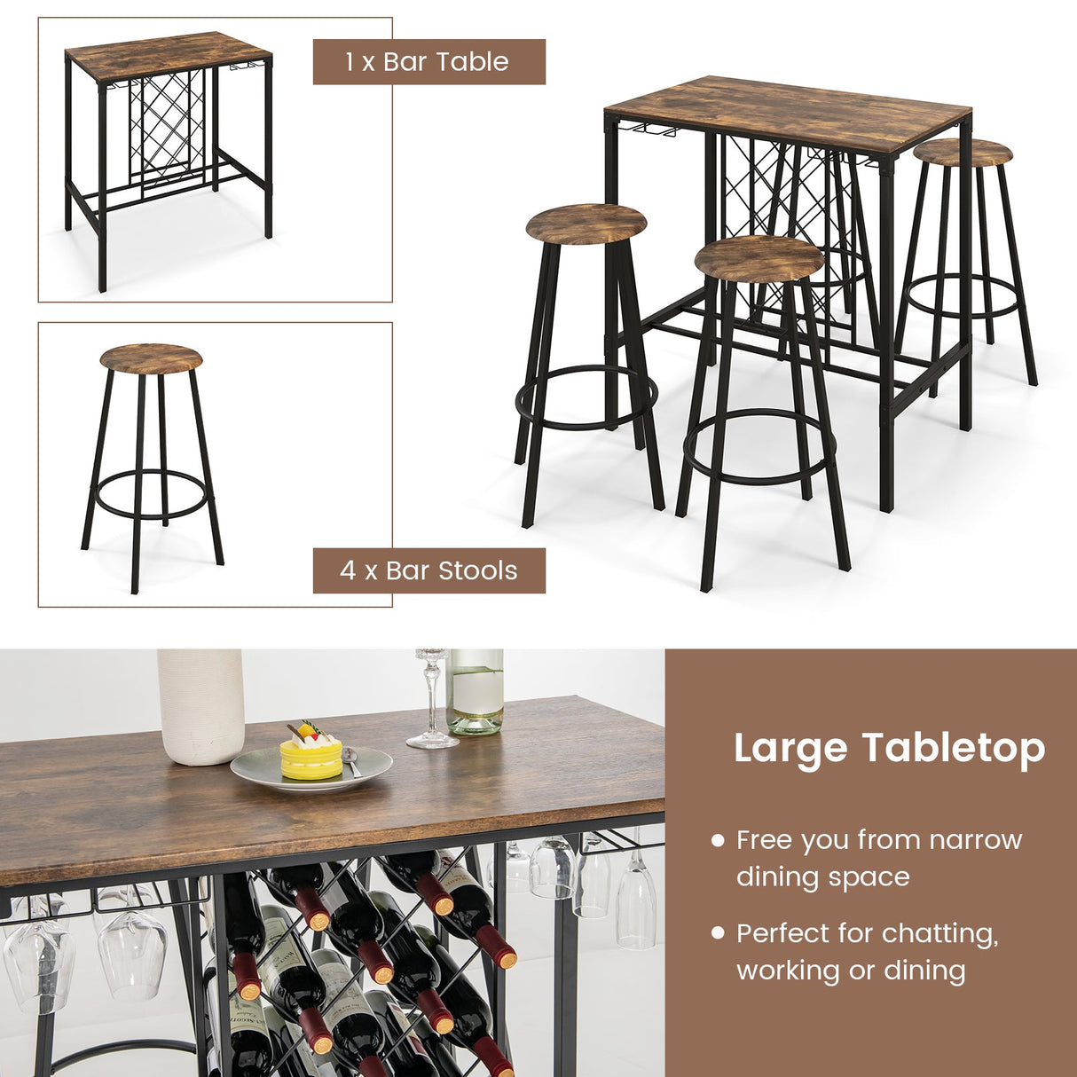 Juego de 5 piezas de mesa y taburetes de bar con botellero y copero, color marrón rústico