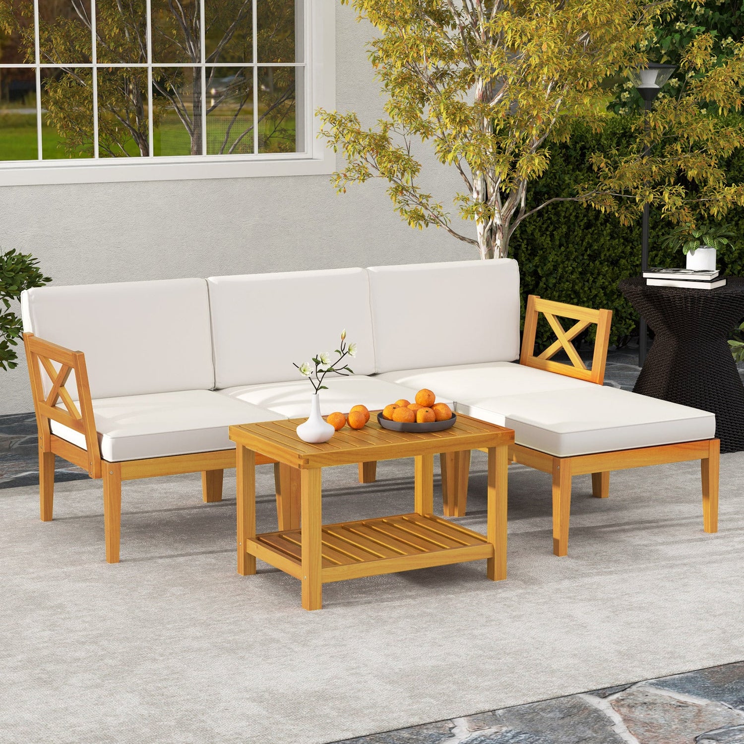 Juego de muebles de patio de madera de acacia de 5 piezas con mesa de centro de 2 niveles y cojines-Blanco