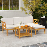 Juego de muebles de patio de madera de acacia de 5 piezas con mesa de centro de 2 niveles y cojines-Blanco