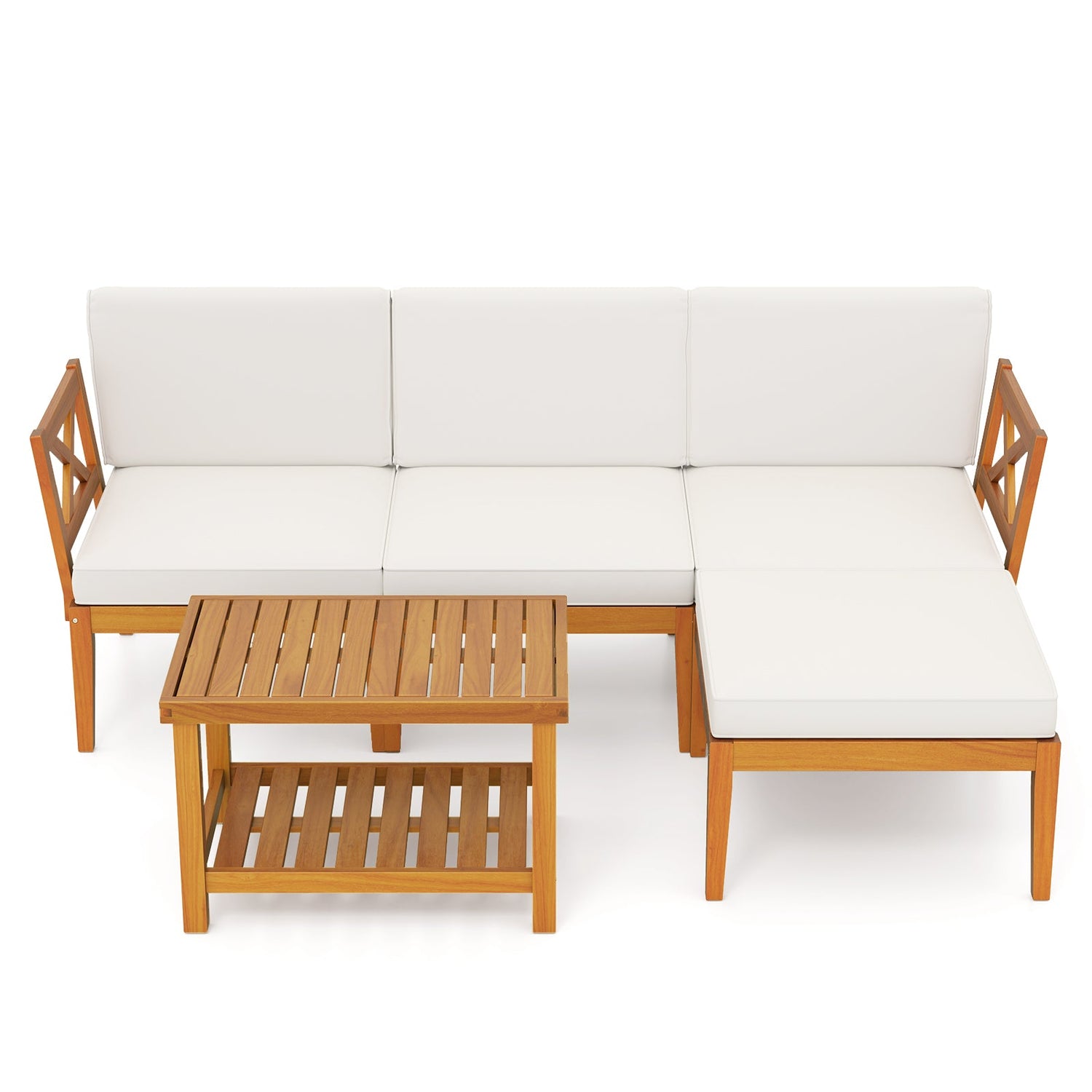 Juego de muebles de patio de madera de acacia de 5 piezas con mesa de centro de 2 niveles y cojines-Blanco