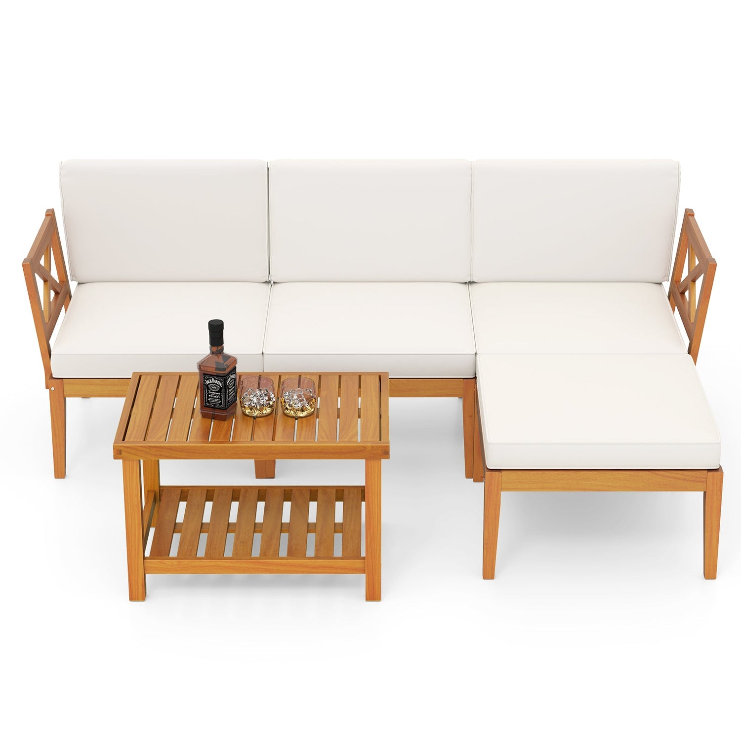 Juego de muebles de patio de madera de acacia de 5 piezas con mesa de centro de 2 niveles y cojines-Blanco