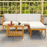 Juego de muebles de patio de madera de acacia de 5 piezas con mesa de centro de 2 niveles y cojines-Blanco