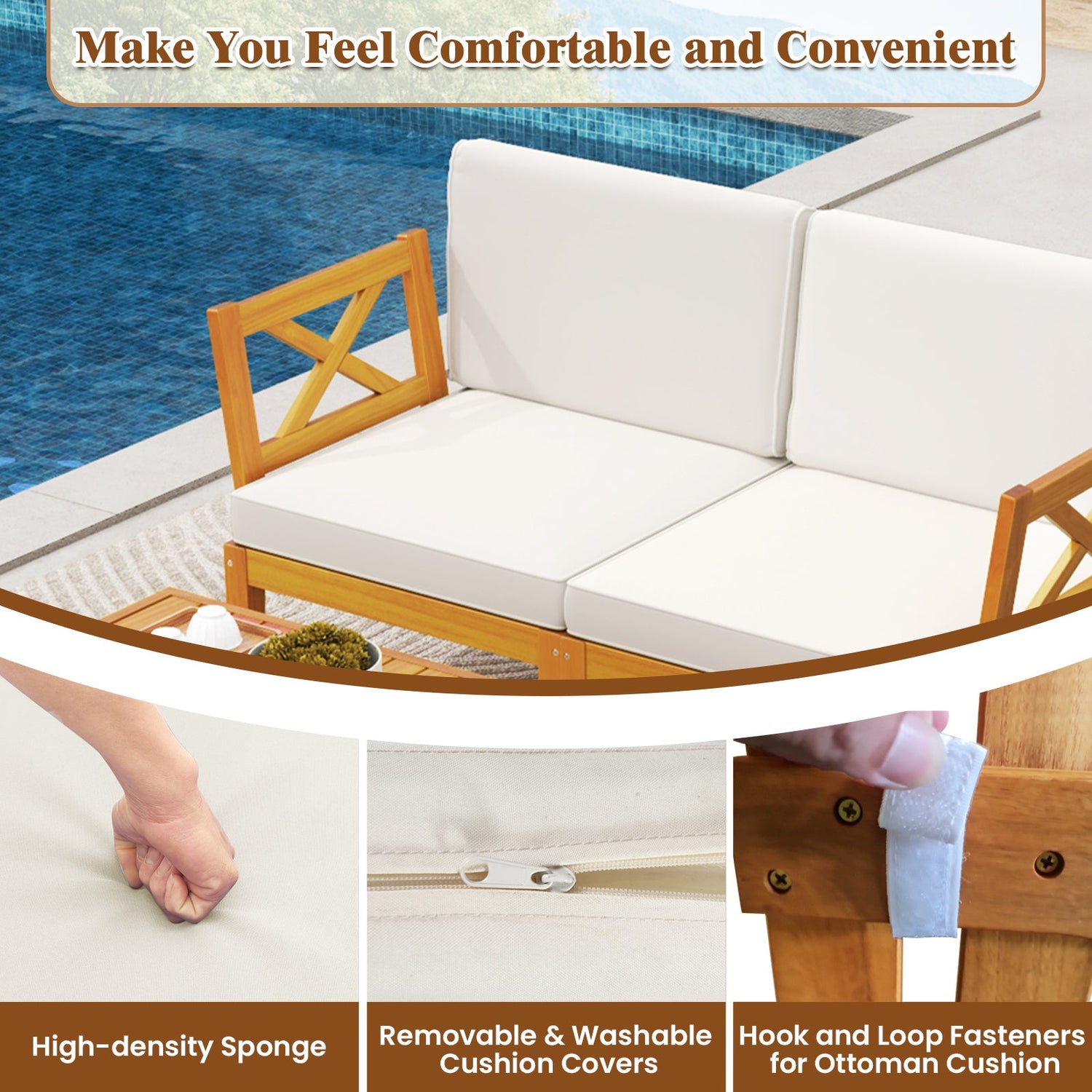 Juego de muebles de patio de madera de acacia de 5 piezas con mesa de centro de 2 niveles y cojines-Blanco