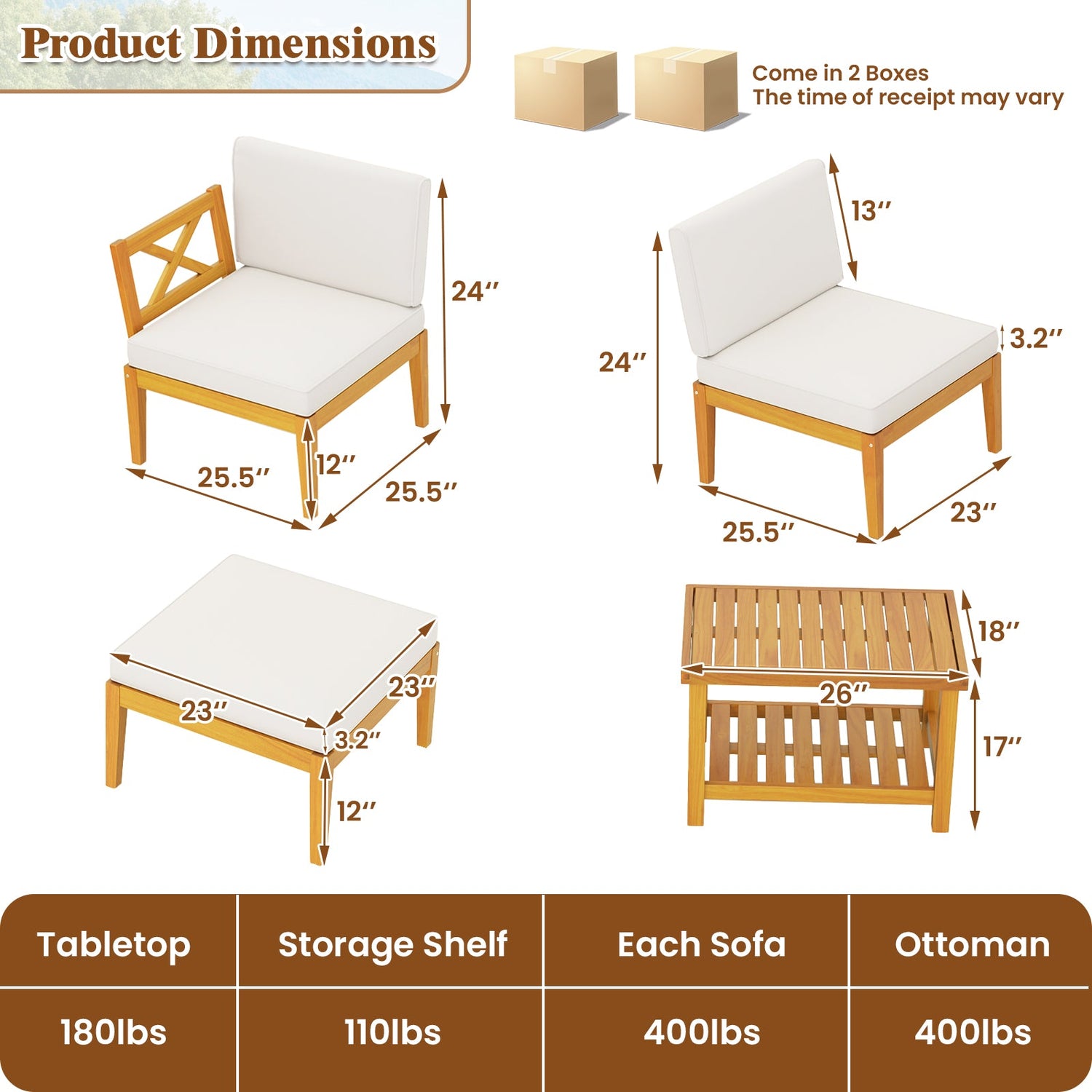 Juego de muebles de patio de madera de acacia de 5 piezas con mesa de centro de 2 niveles y cojines-Blanco