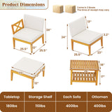 Juego de muebles de patio de madera de acacia de 5 piezas con mesa de centro de 2 niveles y cojines-Blanco
