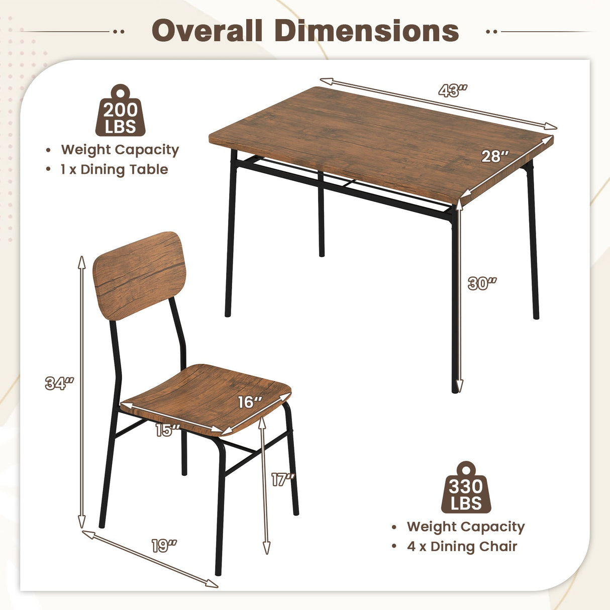 5-Piece Table Set for 4 with Metal Frame and Storage Rack-Brown