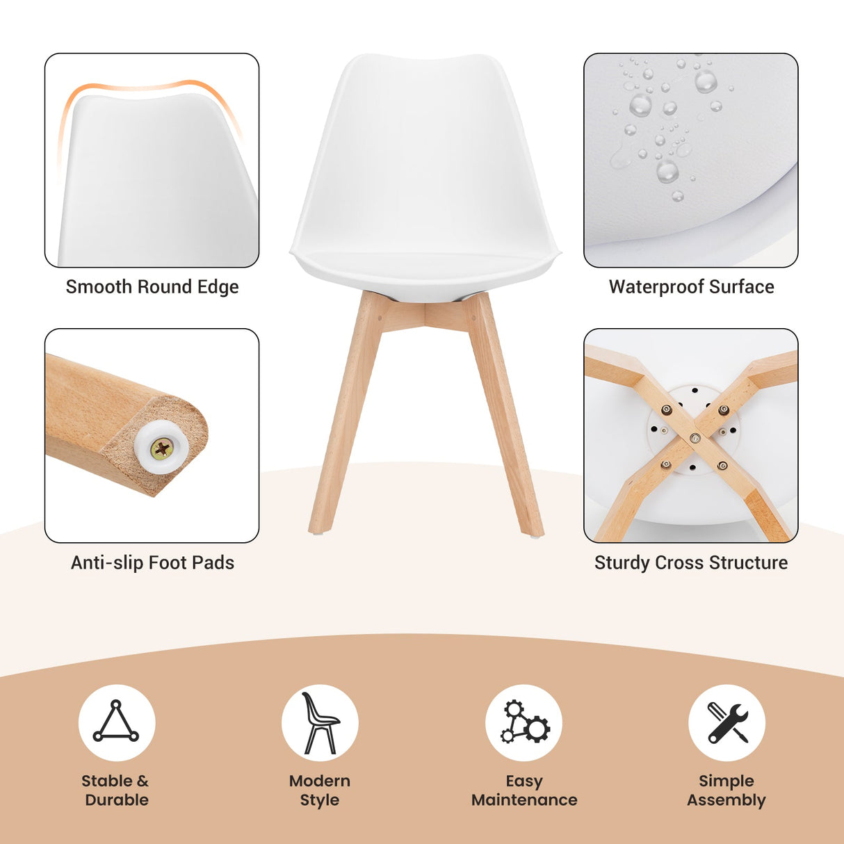 Juego de 4 sillas de comedor modernas de mediados de siglo con asiento de PU de carcasa y patas de madera