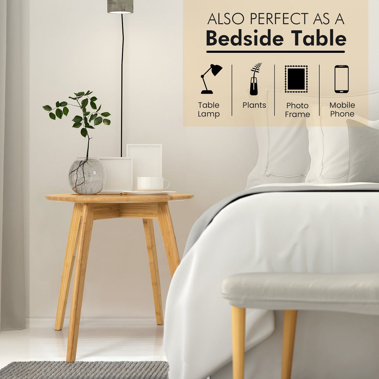 Mesa auxiliar redonda de bambú, moderna y elegante, con tablero redondo de 50,8 cm - Natural