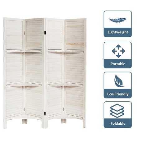 4 Panel Folding Room Divider Screen with 3 Display Shelves