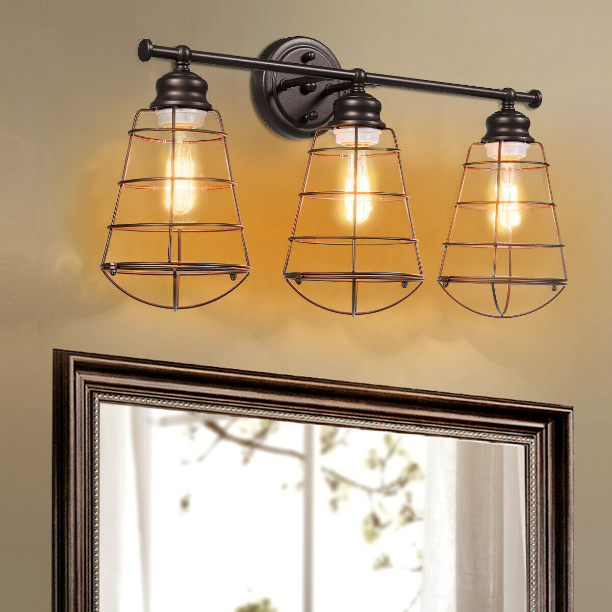 Lámpara de tocador de 3 luces para baño con jaula de metal