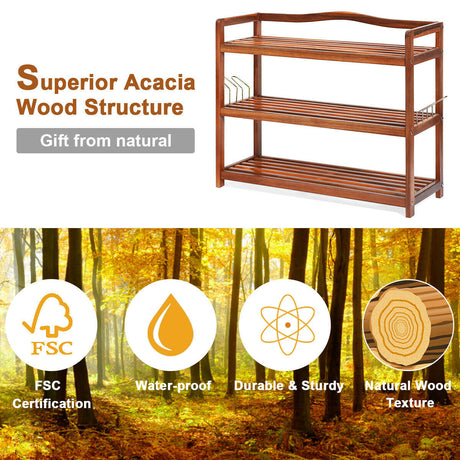 Zapatero de madera de acacia de 2 niveles con 4 ganchos laterales de metal