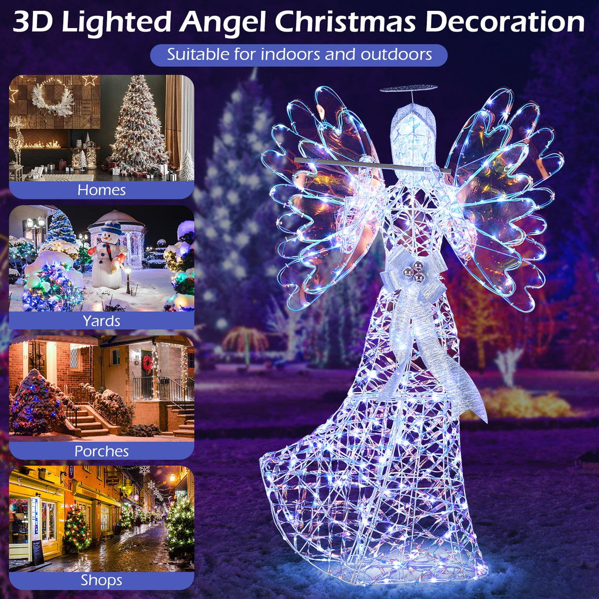 Ángel navideño iluminado de 1.58 m con halo brillante 3D y flauta